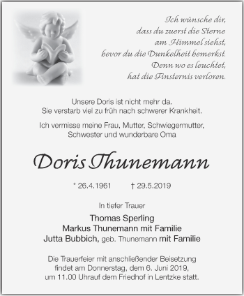 Traueranzeige von Doris Thunemann von Märkische Oderzeitung