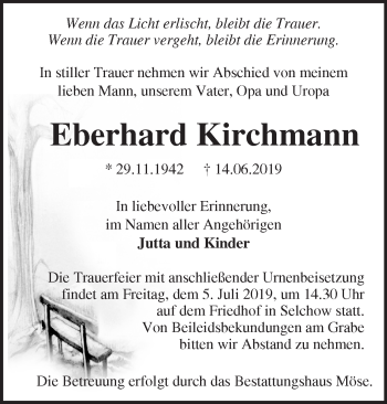 Traueranzeige von Eberhard Kirchmann von Märkische Oderzeitung