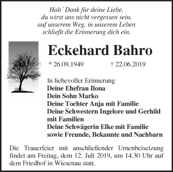 Traueranzeige von Eckehard Bahro von Märkische Oderzeitung