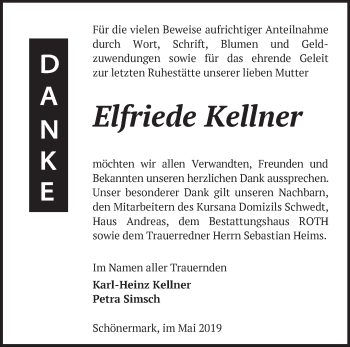 Traueranzeige von Elfriede Kellner von Märkische Oderzeitung