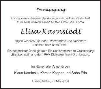 Traueranzeige von Elisa Karnstedt von Märkische Oderzeitung