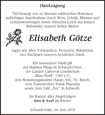 Traueranzeige von Elisabeth Götze von Märkische Oderzeitung