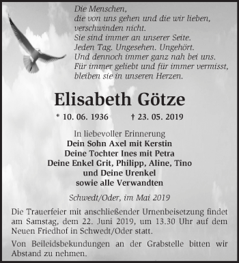 Traueranzeige von Elisabeth Götze von Märkische Oderzeitung