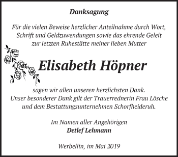 Traueranzeige von Elisabeth Höpner von Märkische Oderzeitung