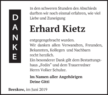 Traueranzeige von Erhard Kietz von Märkische Oderzeitung