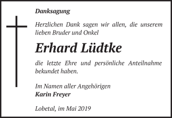 Traueranzeige von Erhard Lüdtke von Märkische Oderzeitung