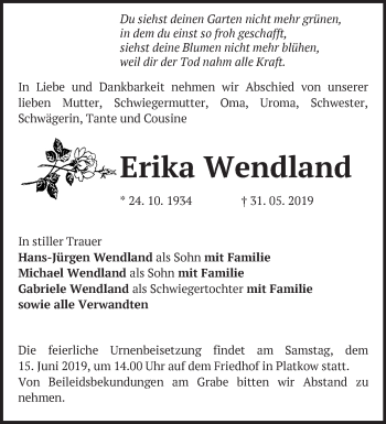 Traueranzeige von Erika Wendland von Märkische Oderzeitung