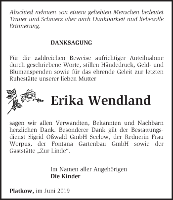 Traueranzeige von Erika Wendland von Märkische Oderzeitung