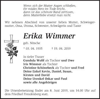 Traueranzeige von Erika Wimmer von Märkische Oderzeitung