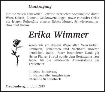 Traueranzeige von Erika Wimmer von Märkische Oderzeitung