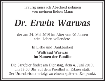 Traueranzeige von Erwin Warwas von Märkische Oderzeitung