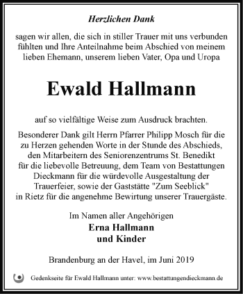 Traueranzeige von Ewald Hallmann von Märkische Oderzeitung