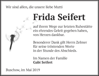 Traueranzeige von Frida Seifert von Märkische Oderzeitung