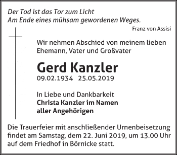 Traueranzeige von Gerd Kanzler von Märkische Oderzeitung