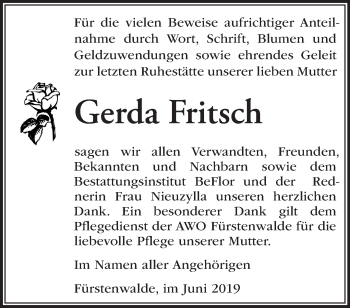 Traueranzeige von Gerda Fritsch von Märkische Oderzeitung