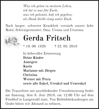 Traueranzeige von Gerda Fritsch von Märkische Oderzeitung