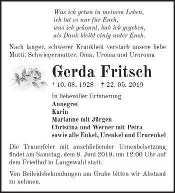 Traueranzeige von Gerda Fritsch von Märkische Oderzeitung