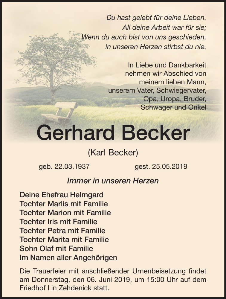  Traueranzeige für Gerhard Becker vom 01.06.2019 aus Märkische Oderzeitung