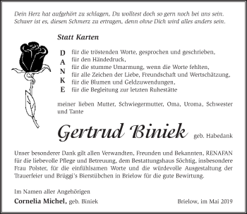 Traueranzeige von Gertrud Biniek von Märkische Oderzeitung