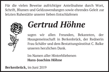 Traueranzeige von Gertrud Höhne von Märkische Oderzeitung