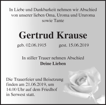 Traueranzeige von Gertrud Krause von Märkische Oderzeitung