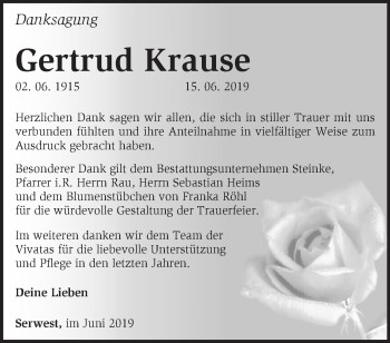 Traueranzeige von Gertrud Krause von Märkische Oderzeitung