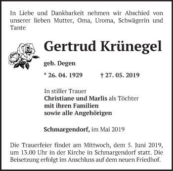 Traueranzeige von Gertrud Krünegel von Märkische Oderzeitung