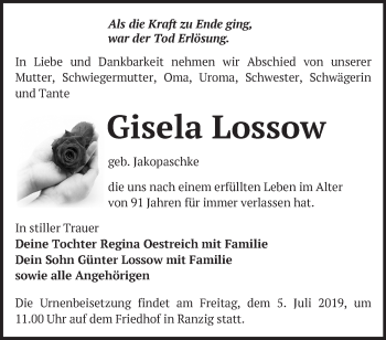 Traueranzeige von Gisela Lossow von Märkische Oderzeitung