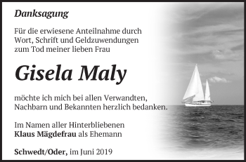 Traueranzeige von Gisela Maly von Märkische Oderzeitung