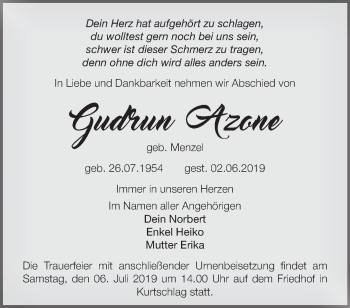 Traueranzeige von Gudrun Azone von Märkische Oderzeitung