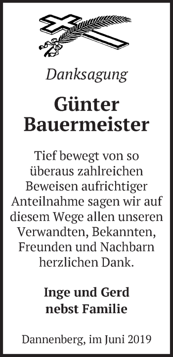 Traueranzeige von Günter Bauermeister von Märkische Oderzeitung