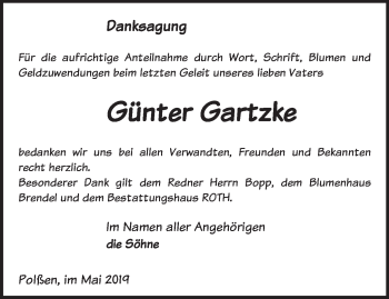 Traueranzeige von Günter Gartzke von Märkische Oderzeitung