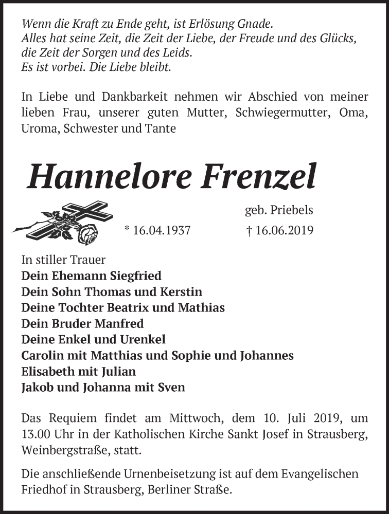 Traueranzeigen Von Hannelore Frenzel Märkische Onlinezeitung Trauerportal