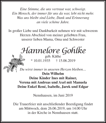 Traueranzeige von Hannelore Gohlke von Märkische Oderzeitung