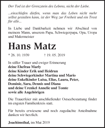 Traueranzeige von Hans Matz von Märkische Oderzeitung