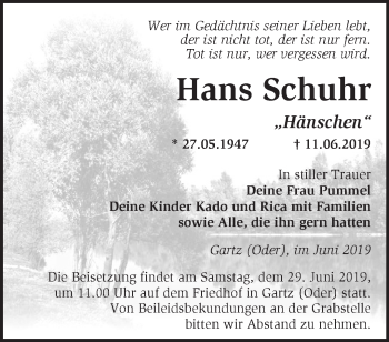 Traueranzeige von Hans Schuhr von Märkische Oderzeitung