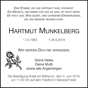 Traueranzeige von Hartmut Munkelberg von Märkische Oderzeitung