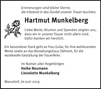 Traueranzeige von Hartmut Munkelberg von Märkische Oderzeitung