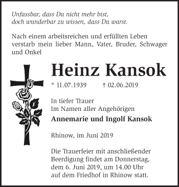 Traueranzeige von Heinz Kansok von Märkische Oderzeitung