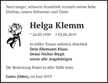 Traueranzeige von Helga Klemm von Märkische Oderzeitung