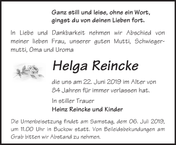 Traueranzeige von Helga Reincke von Märkische Oderzeitung