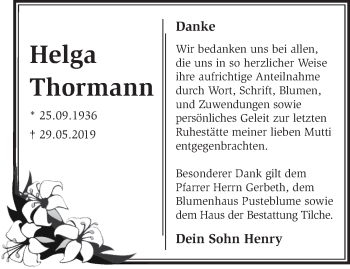 Traueranzeige von Helga Thormann von Märkische Oderzeitung