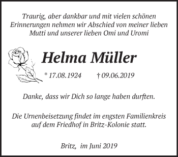 Traueranzeige von Helma Müller von Märkische Oderzeitung