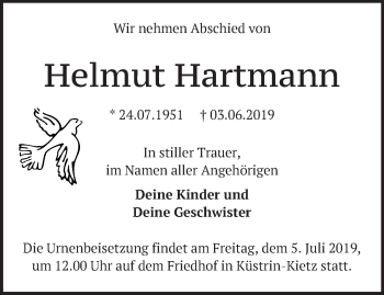 Traueranzeige von Helmut Hartmann von Märkische Oderzeitung