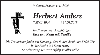 Traueranzeige von Herbert Anders von Märkische Oderzeitung