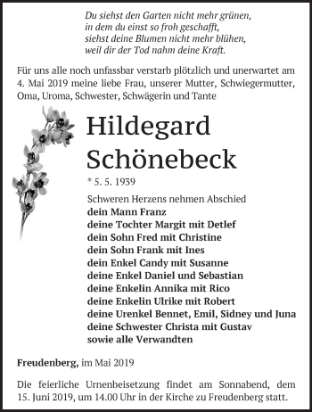 Traueranzeige von Hildegard Schönebeck von Märkische Oderzeitung