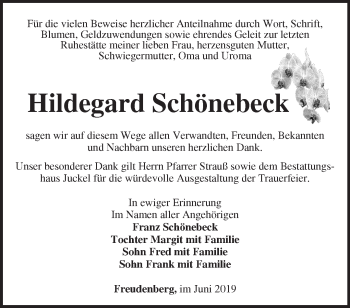 Traueranzeige von Hildegard Schönebeck von Märkische Oderzeitung