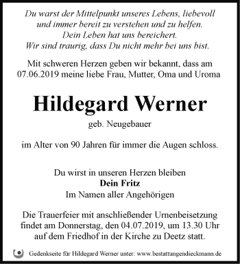 Traueranzeige von Hildegard Werner von Märkische Oderzeitung