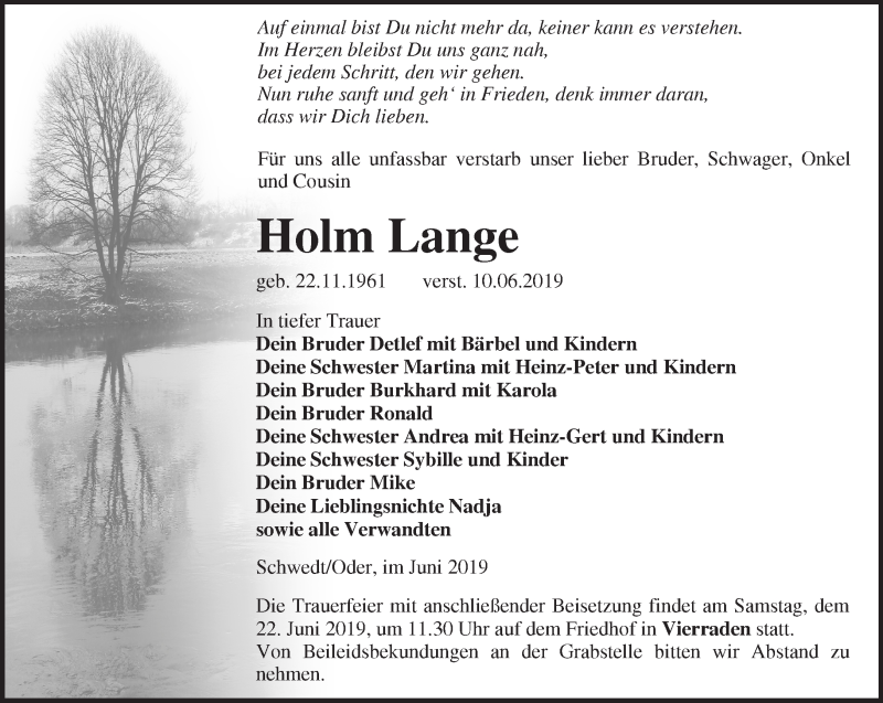  Traueranzeige für Holm Lange vom 16.06.2019 aus Märkische Oderzeitung