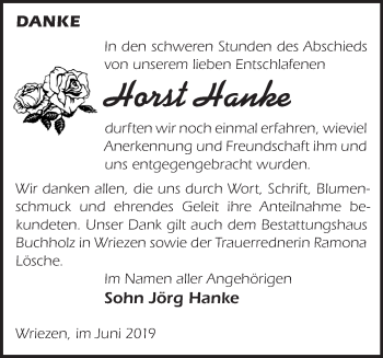 Traueranzeige von Horst Hanke von Märkische Oderzeitung